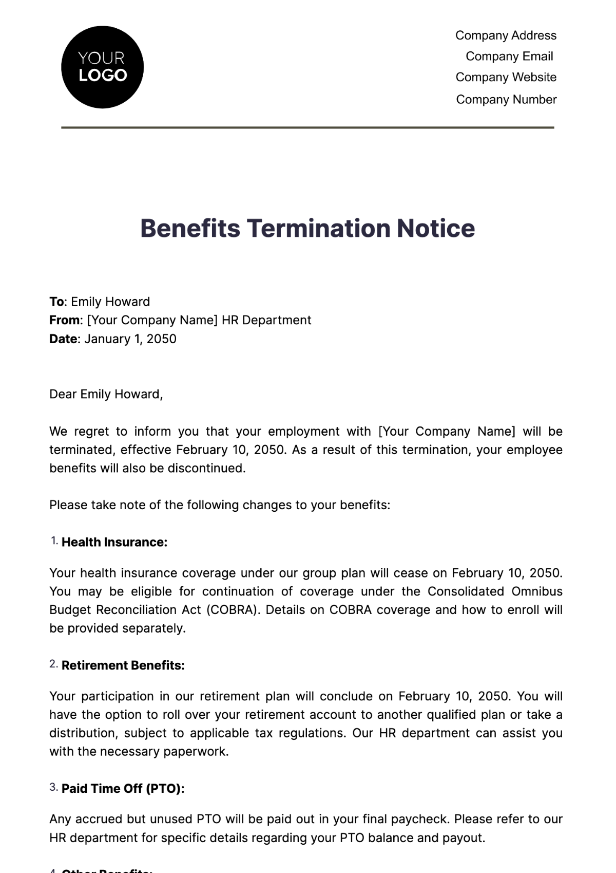 Benefits Termination Notice HR Template - Edit Online & Download