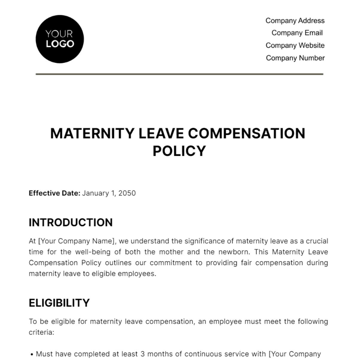 Free Maternity Leave Compensation Policy HR Template