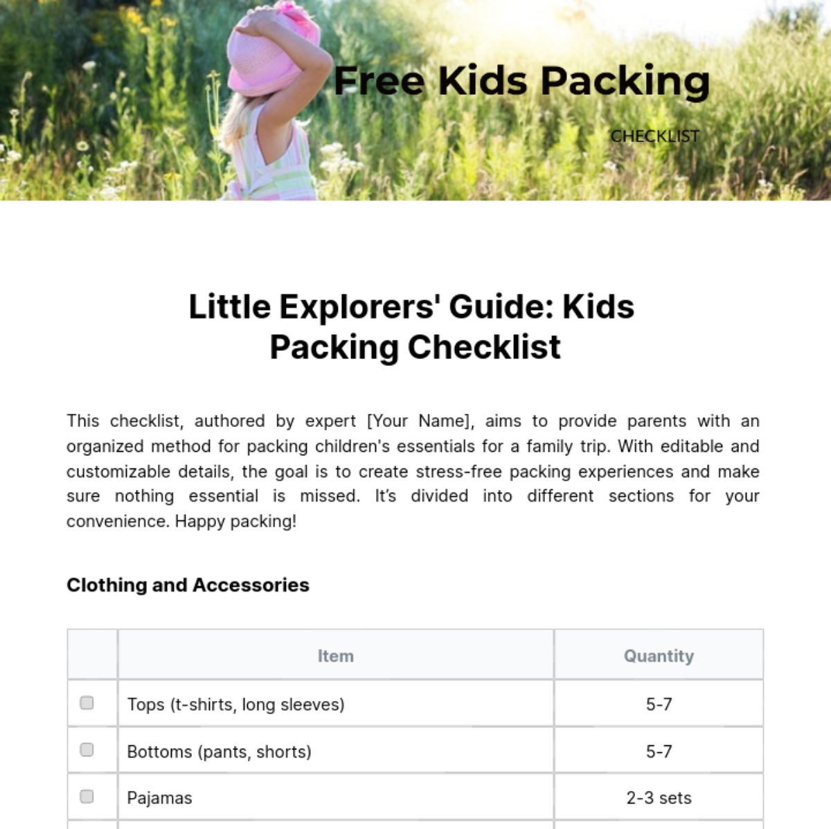 Kids Packing Checklist Template