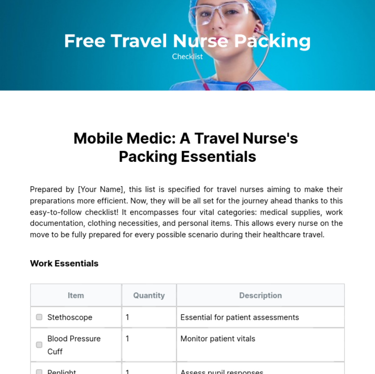 Travel Nurse Packing Checklist Template
