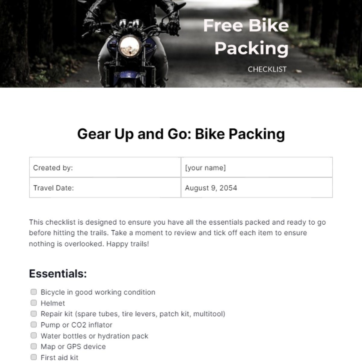 Bike Packing Checklist Template