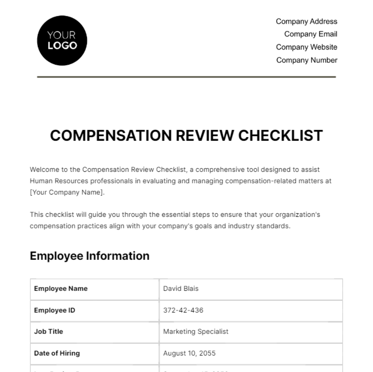 Compensation Review Checklist HR Template Edit Online & Download