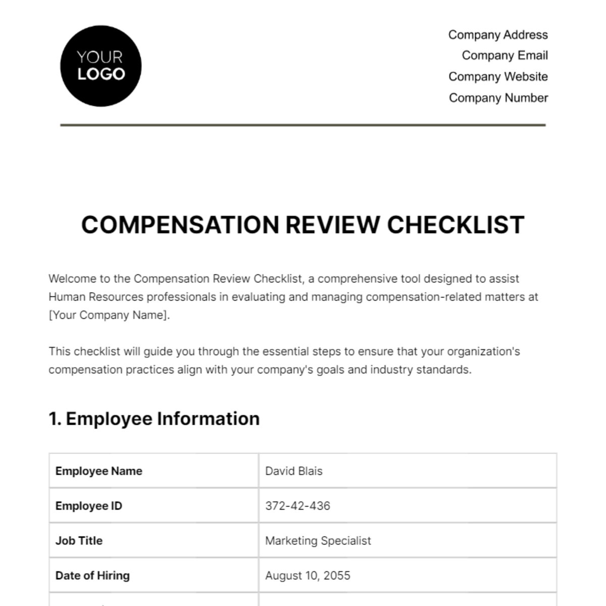 Compensation Review Checklist HR Template