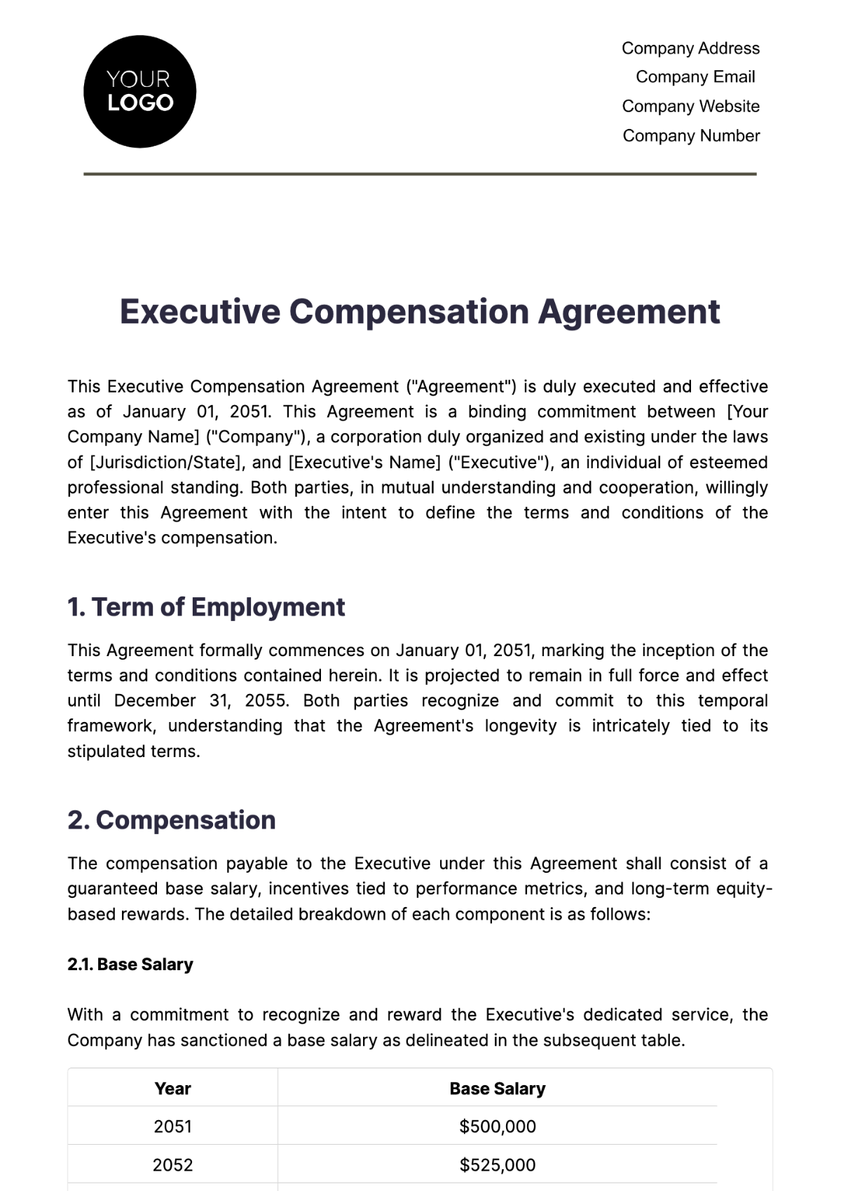 Executive Compensation Agreement HR Template - Edit Online & Download