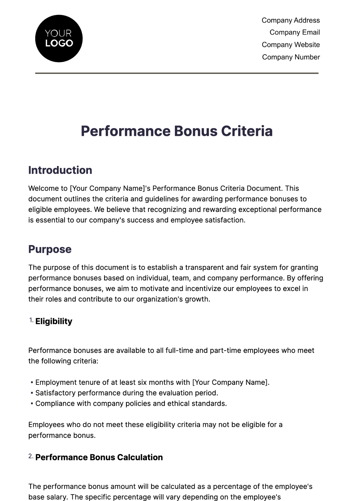 Performance Bonus Criteria HR Template - Edit Online & Download