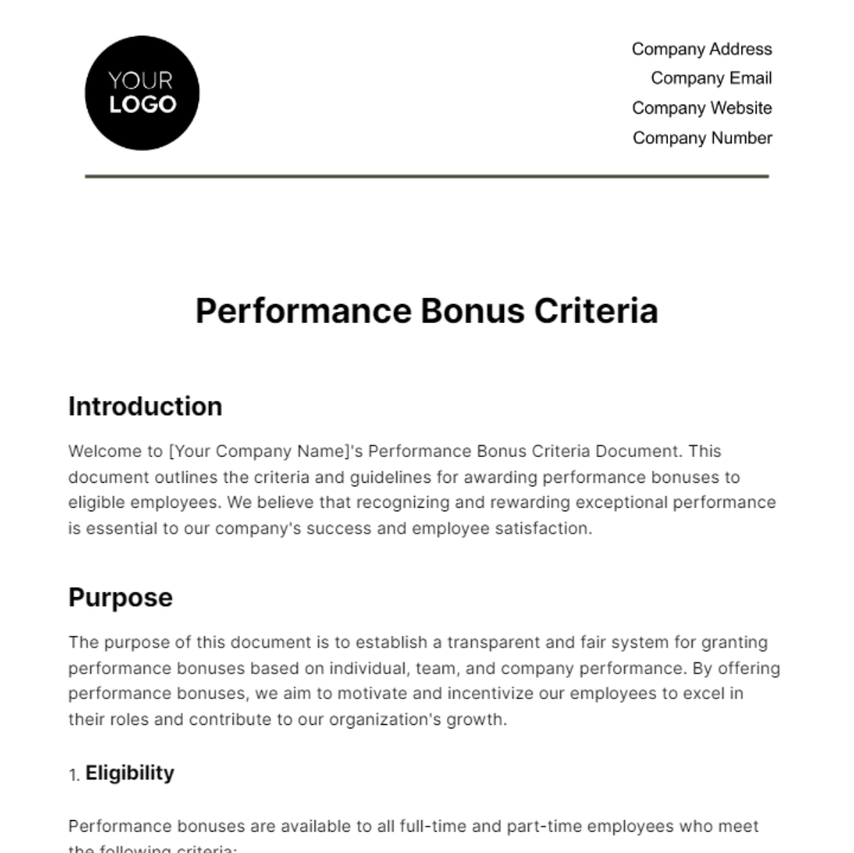 Performance Bonus Criteria HR Template