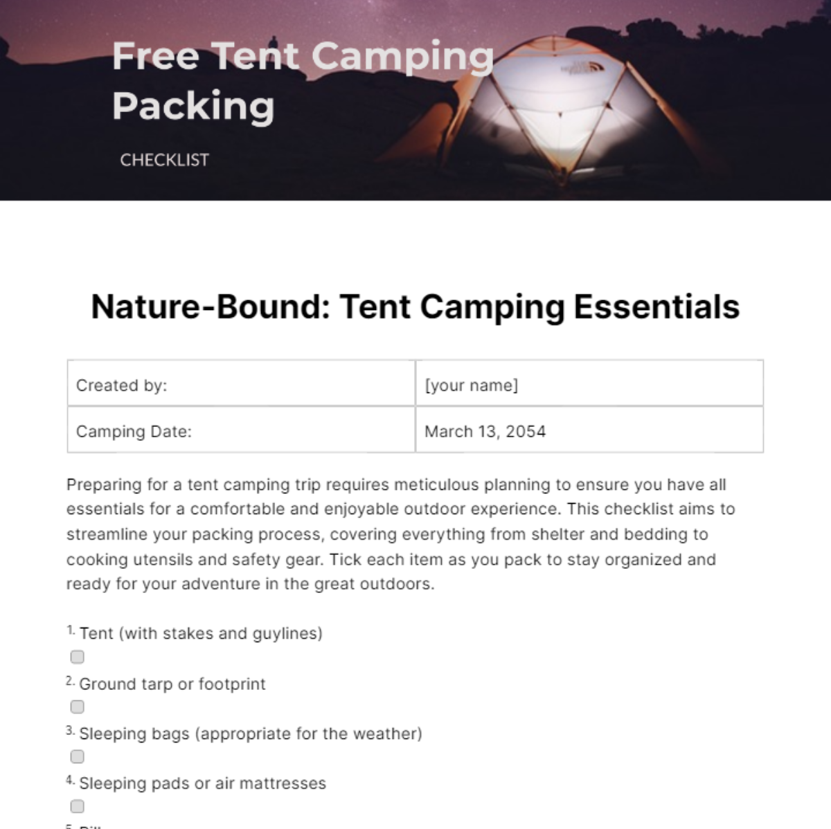Tent Camping Packing Checklist Template