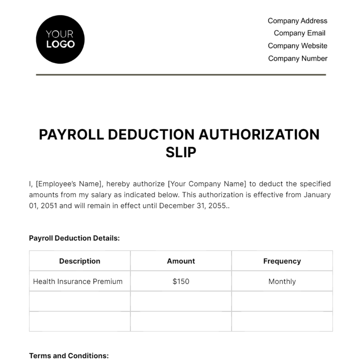 Payroll Deduction Authorization Slip HR Template - Edit Online & Download