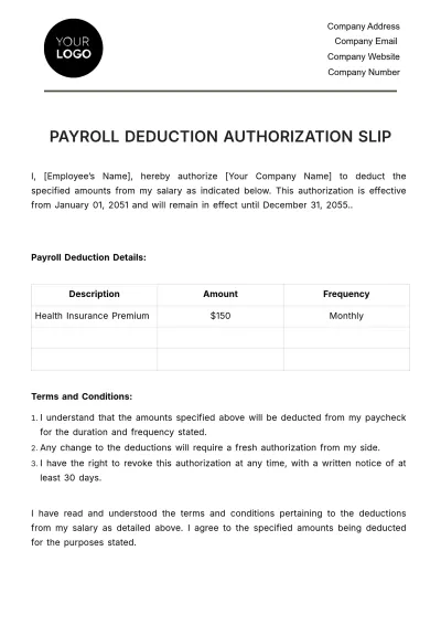 Free Payroll Deduction Authorization Slip HR Template to Edit Online