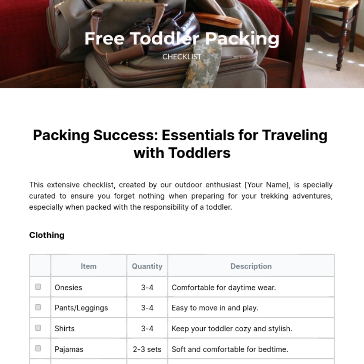 Toddler Packing Checklist Template