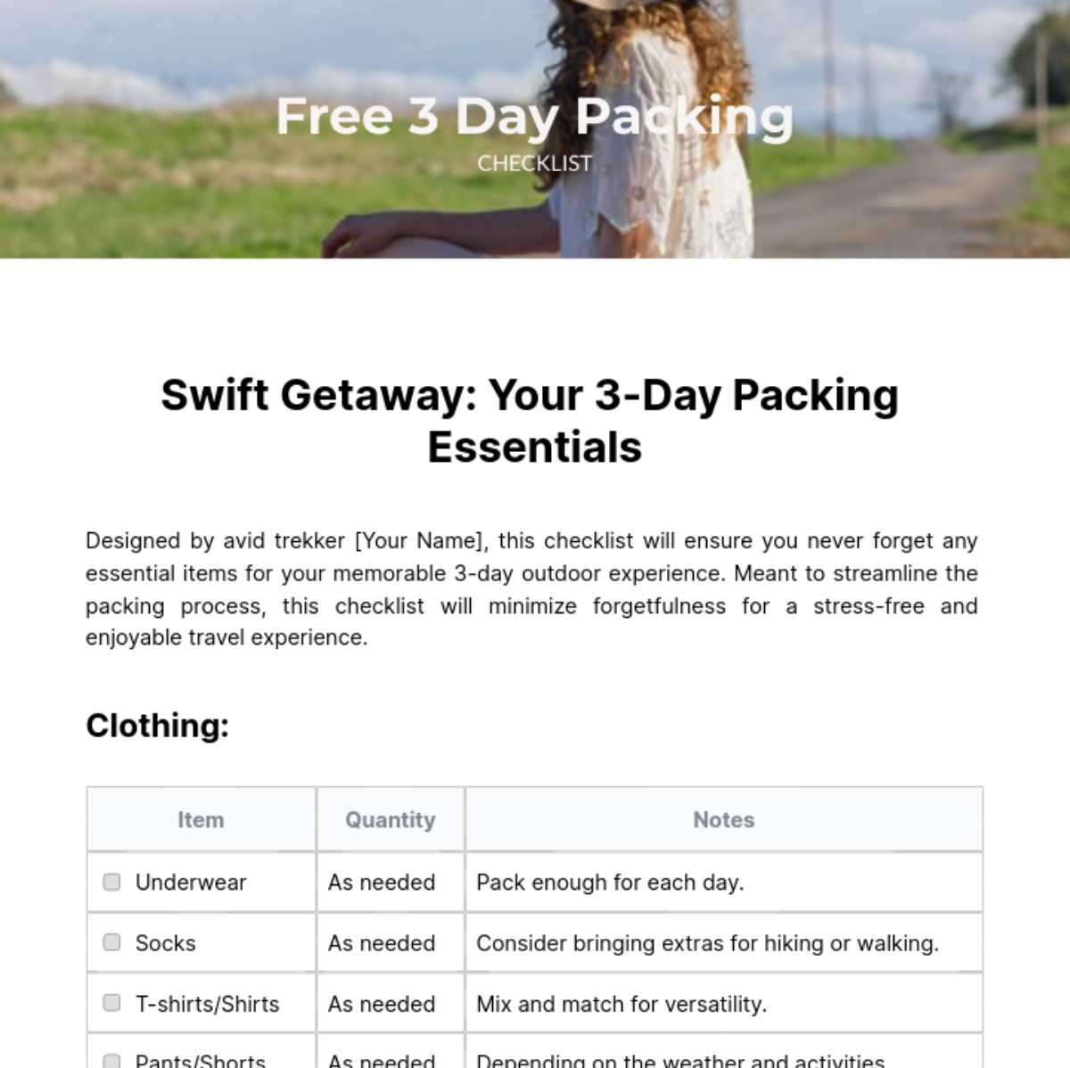 3 Day Packing Checklist Template
