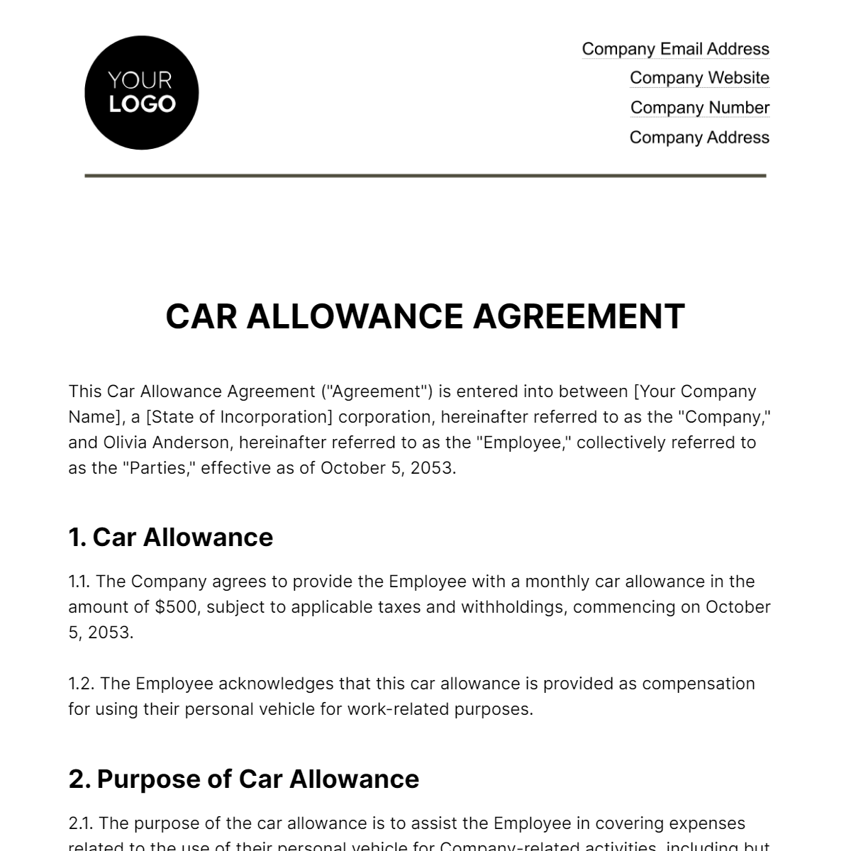 Car Allowance Agreement HR Template