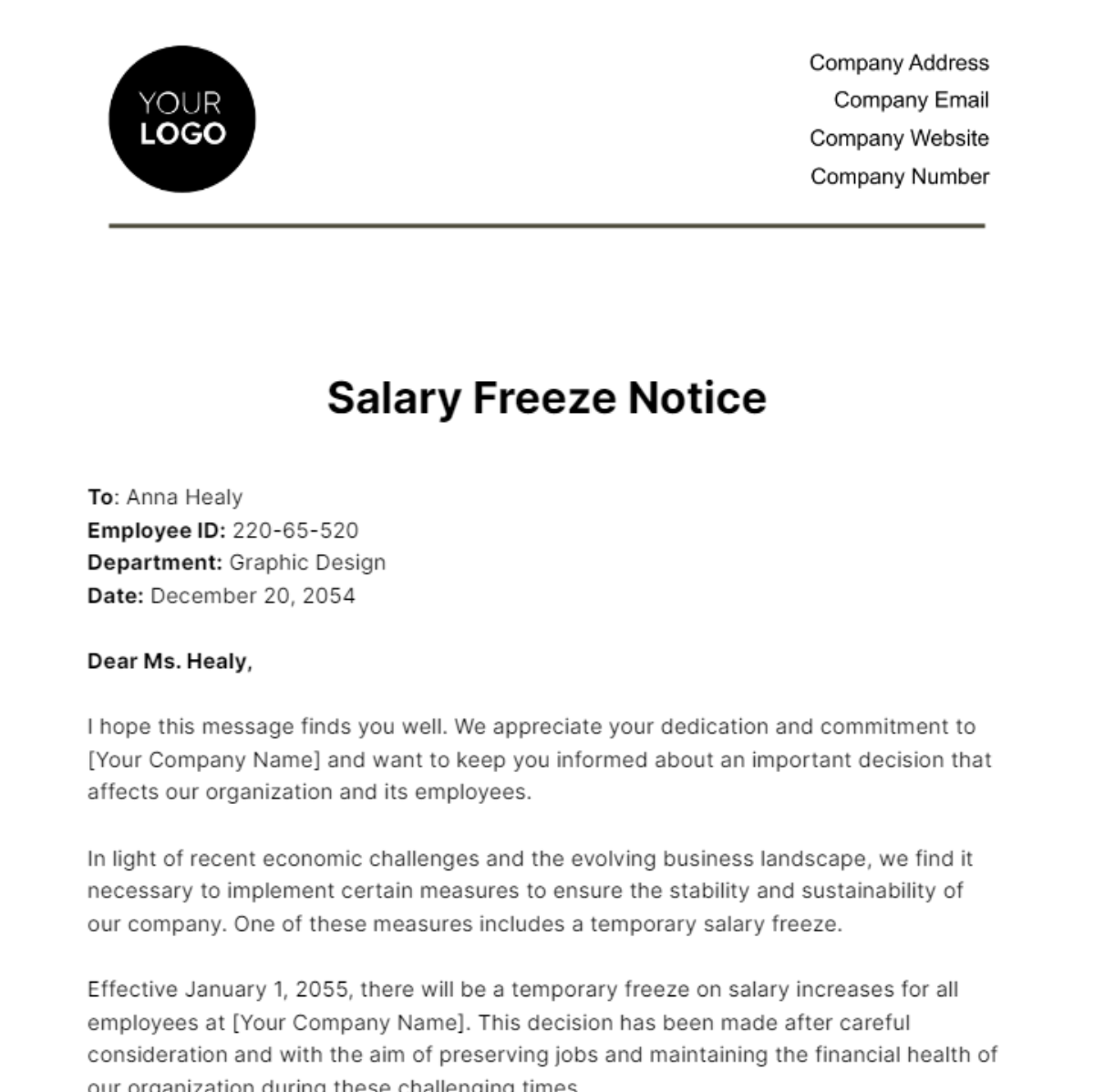 Salary Freeze Notice HR Template