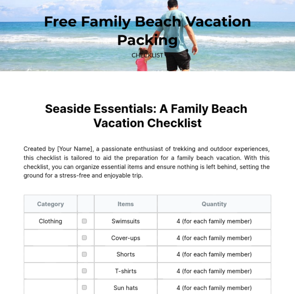 Family Beach Vacation Packing Checklist Template