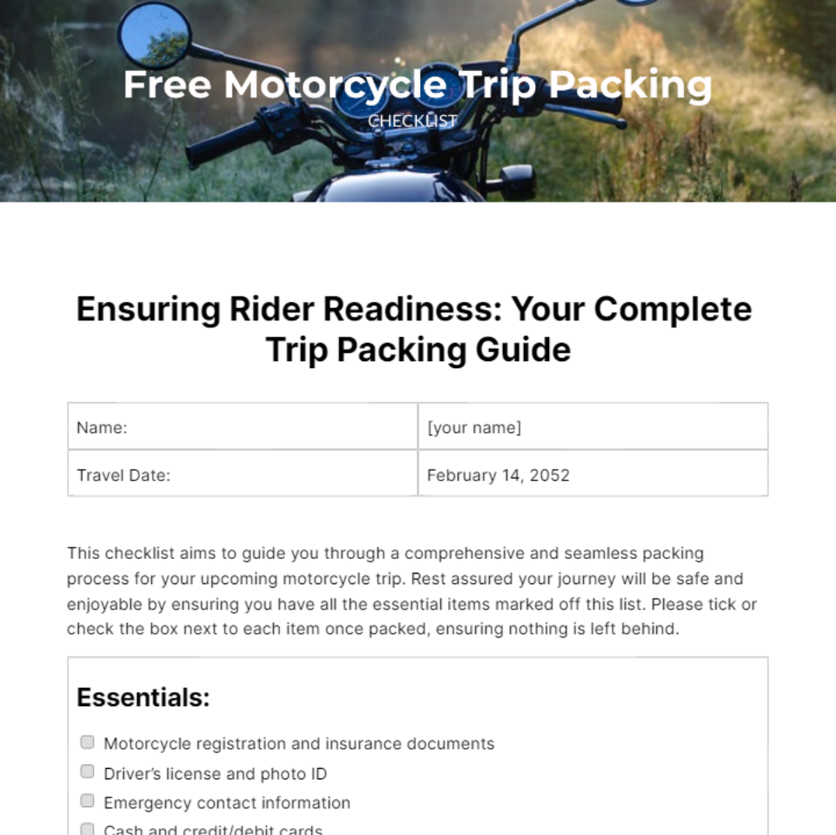 Motorcycle Trip Packing Checklist Template