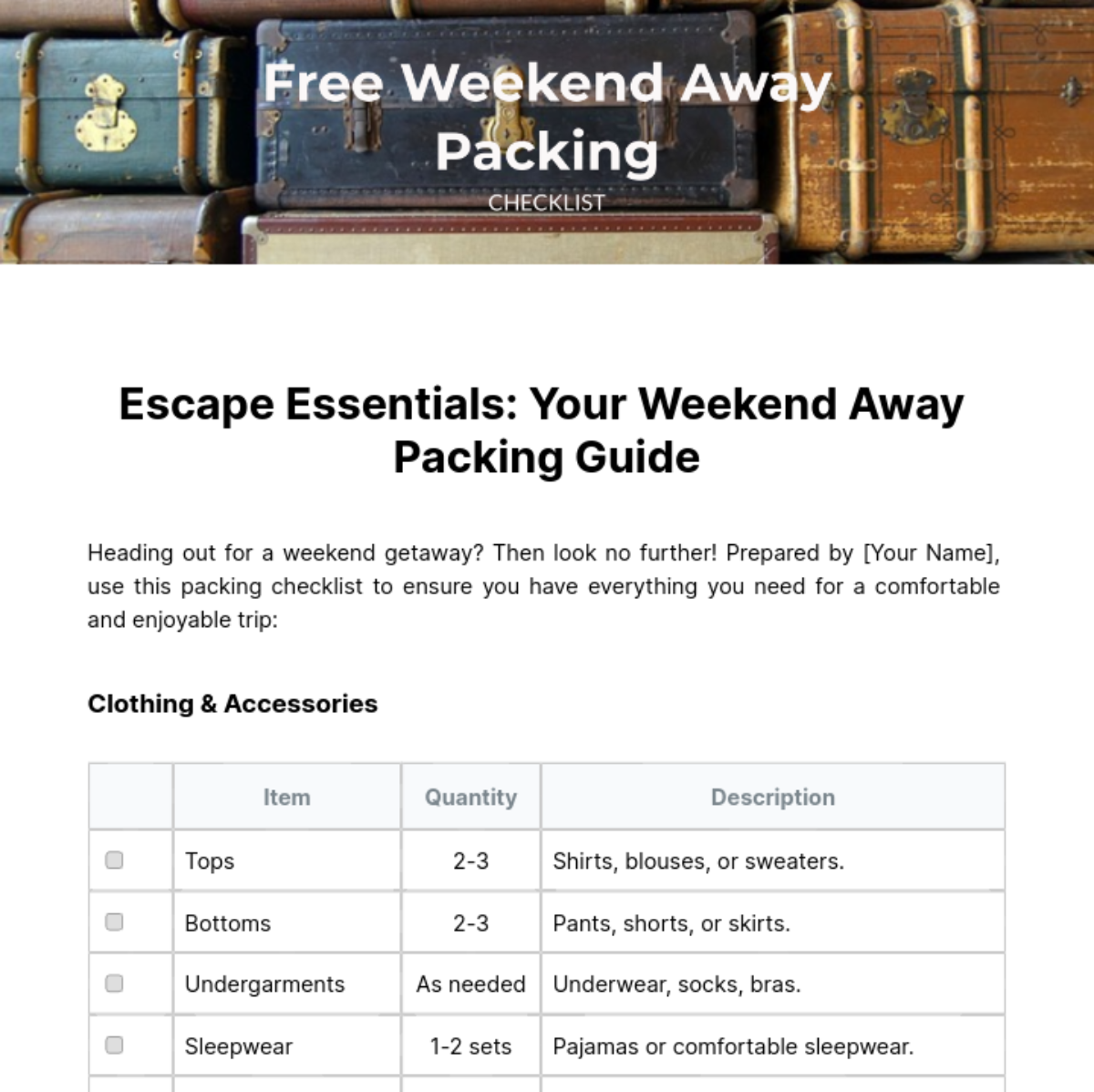 Weekend Away Packing Checklist Template