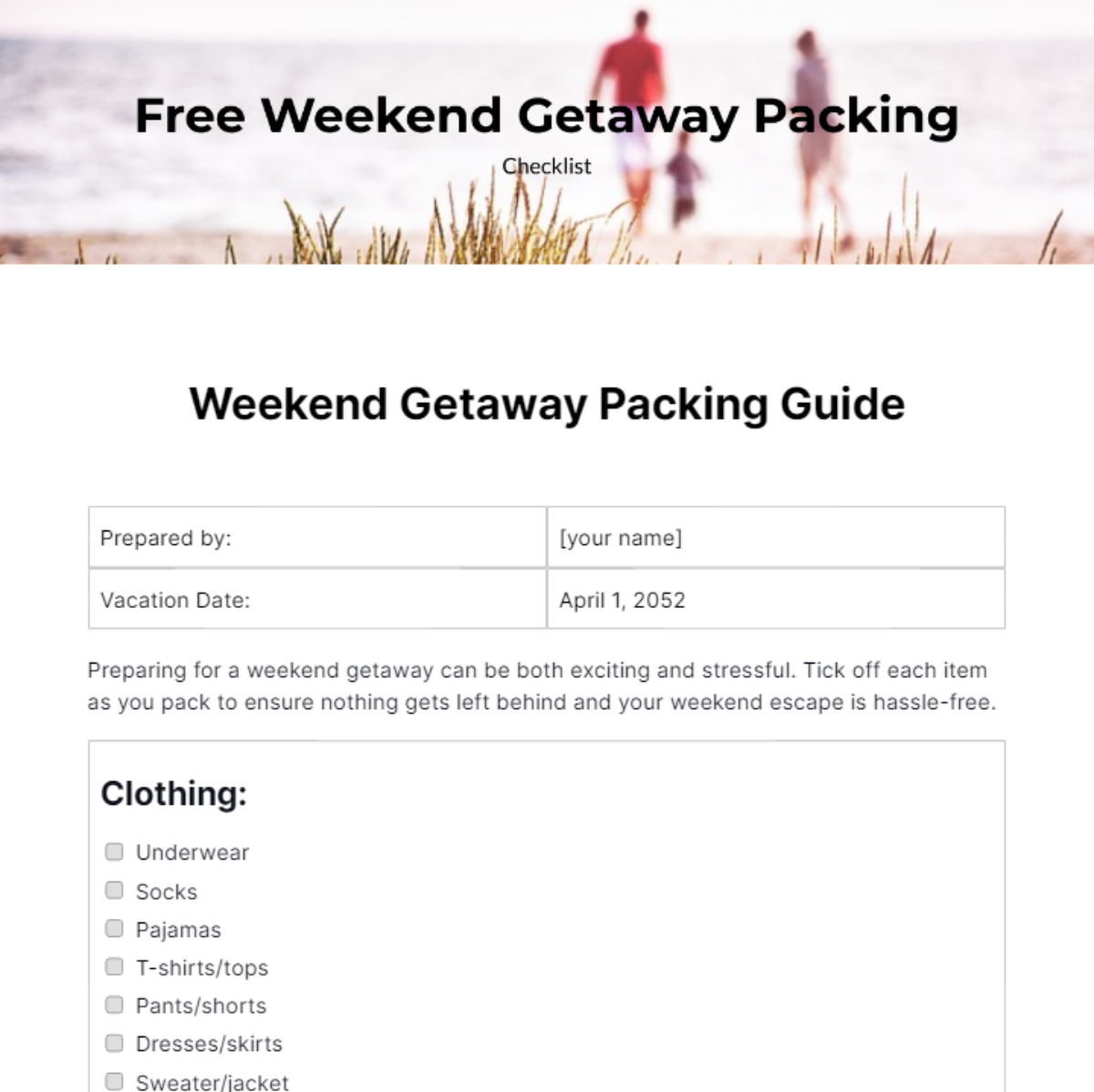 Weekend Getaway Packing Checklist Template