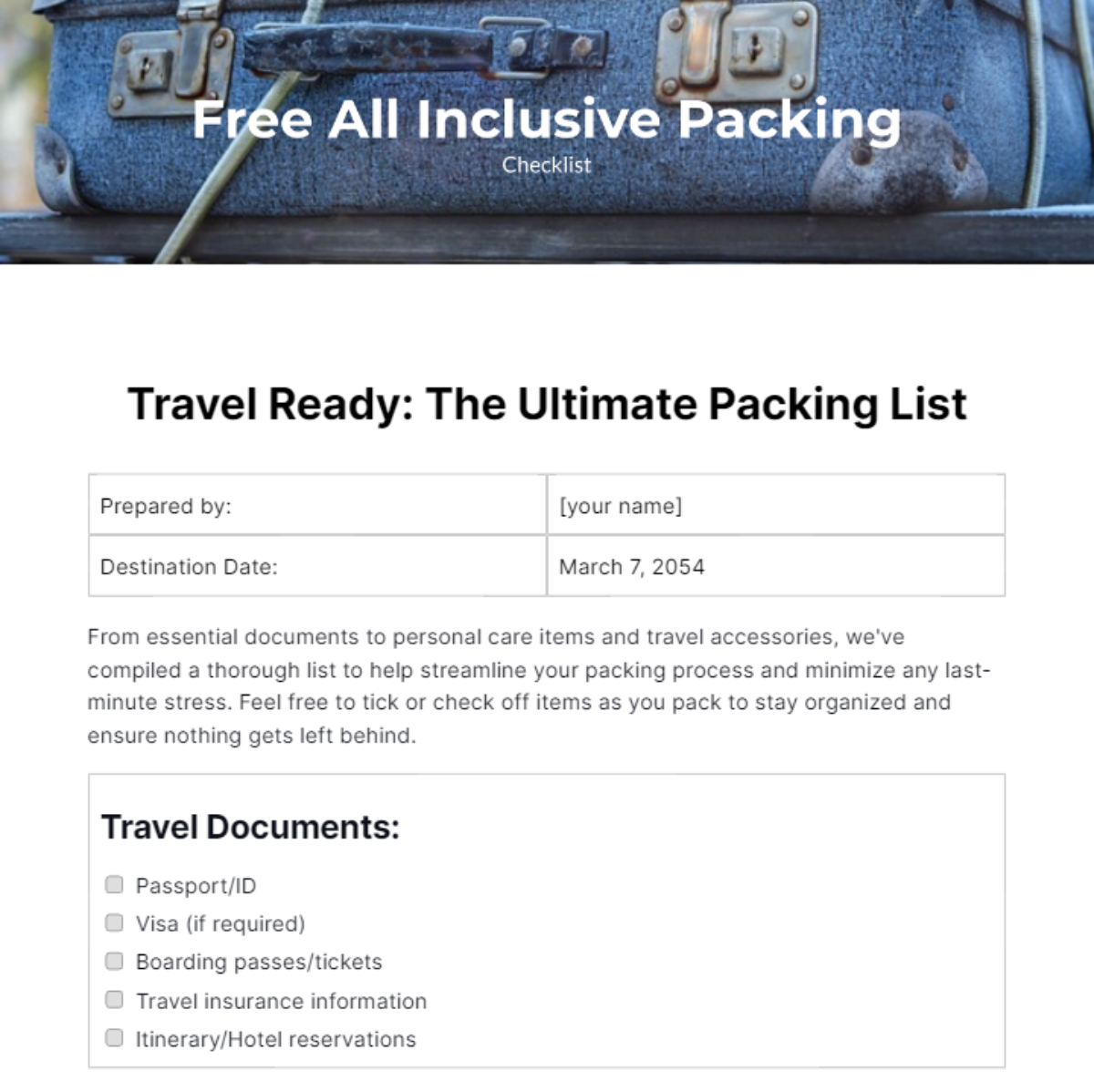 All Inclusive Packing Checklist Template