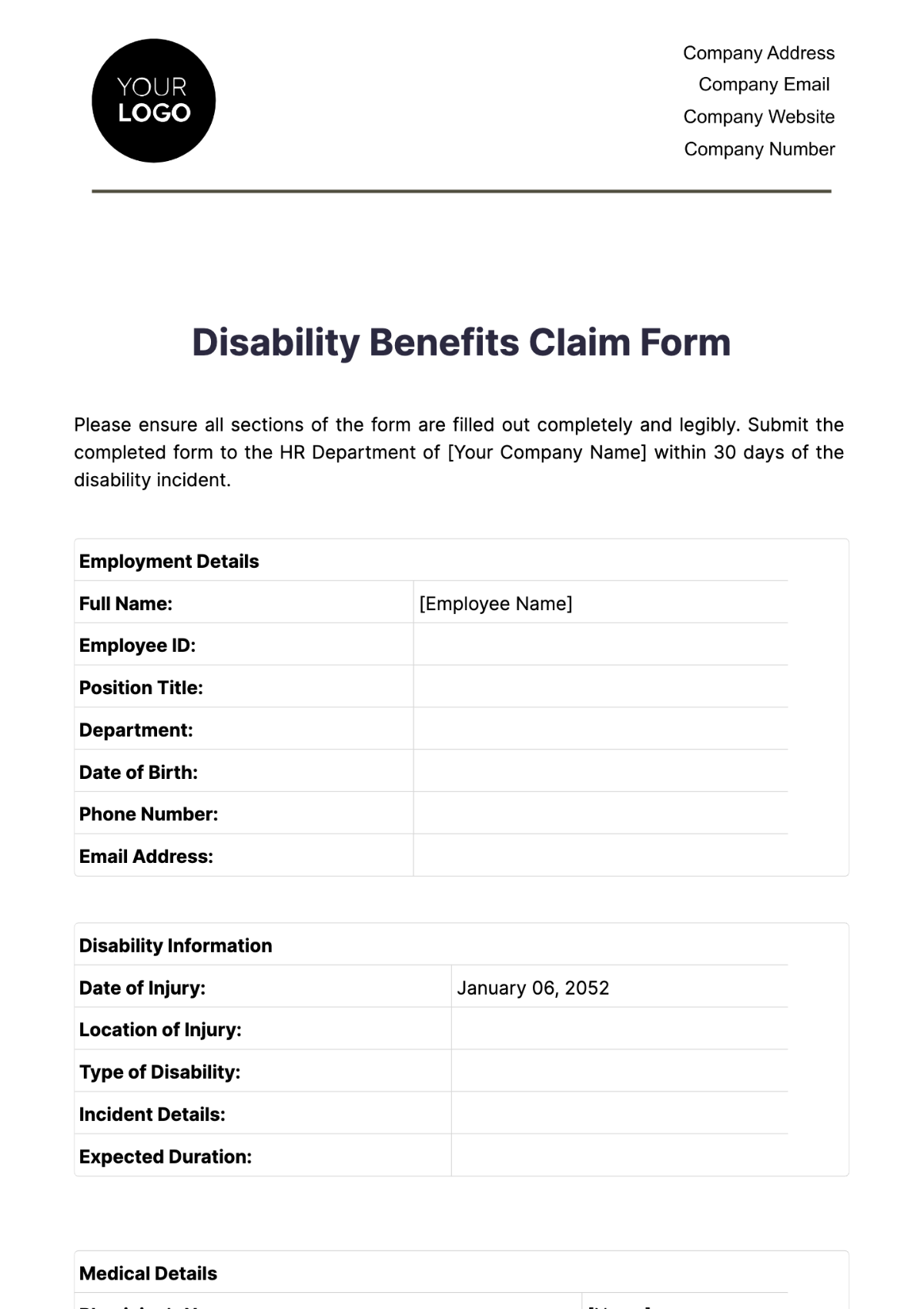 Disability Benefits Claim Form HR Template - Edit Online & Download