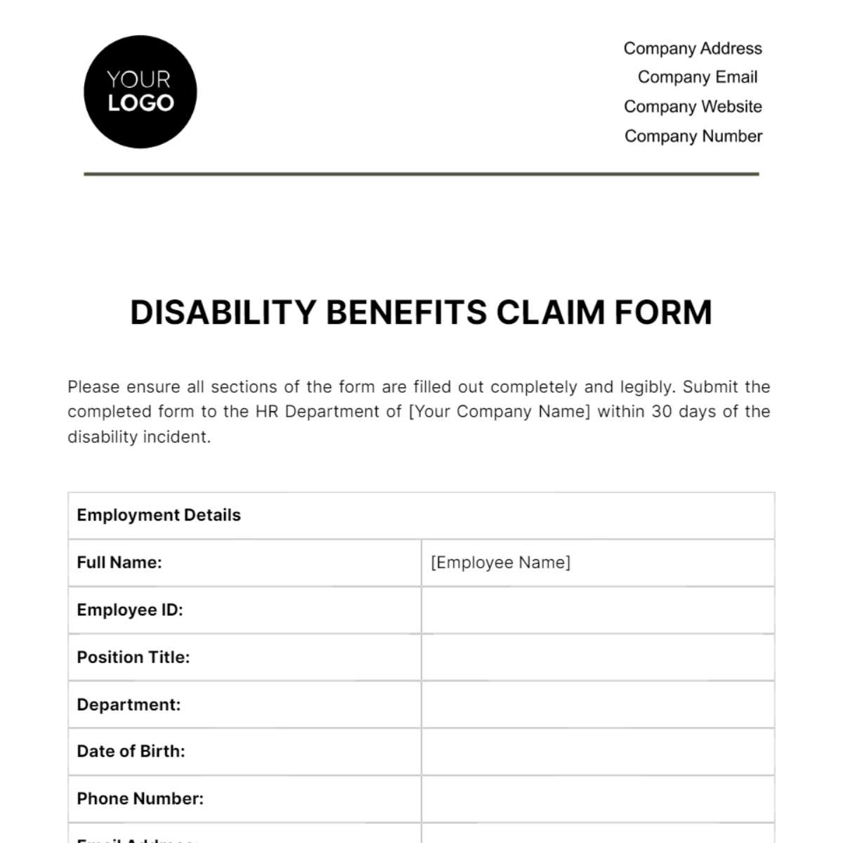 Disability Benefits Claim Form HR Template