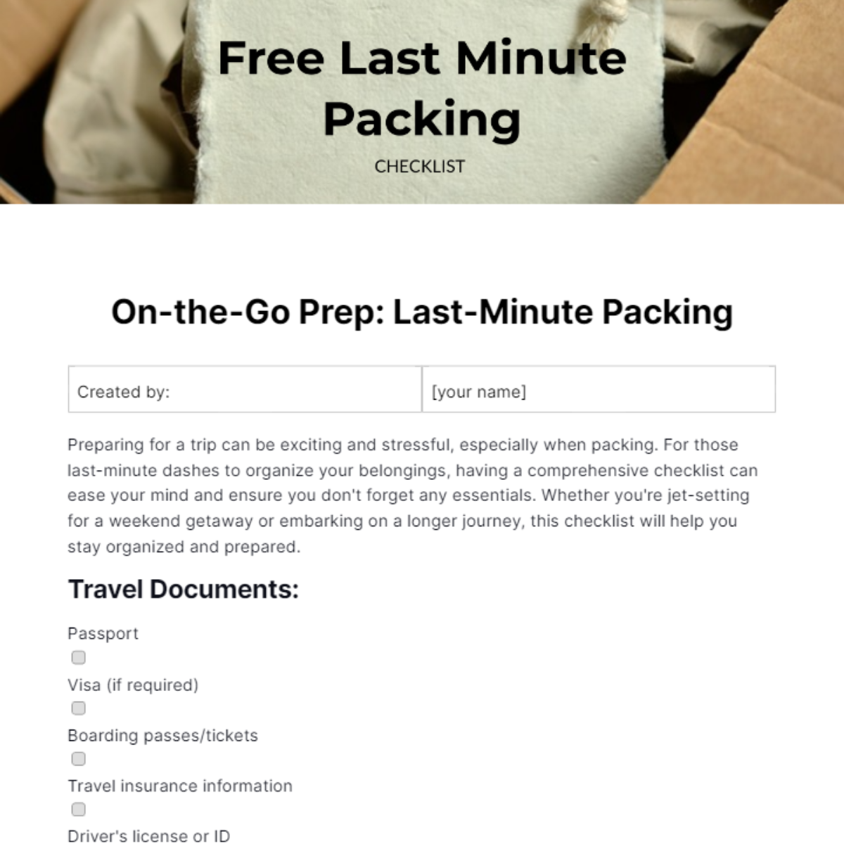 Last Minute Packing Checklist Template