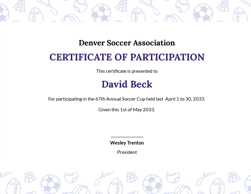 Soccer Participation Certificate Template - Google Docs, Word