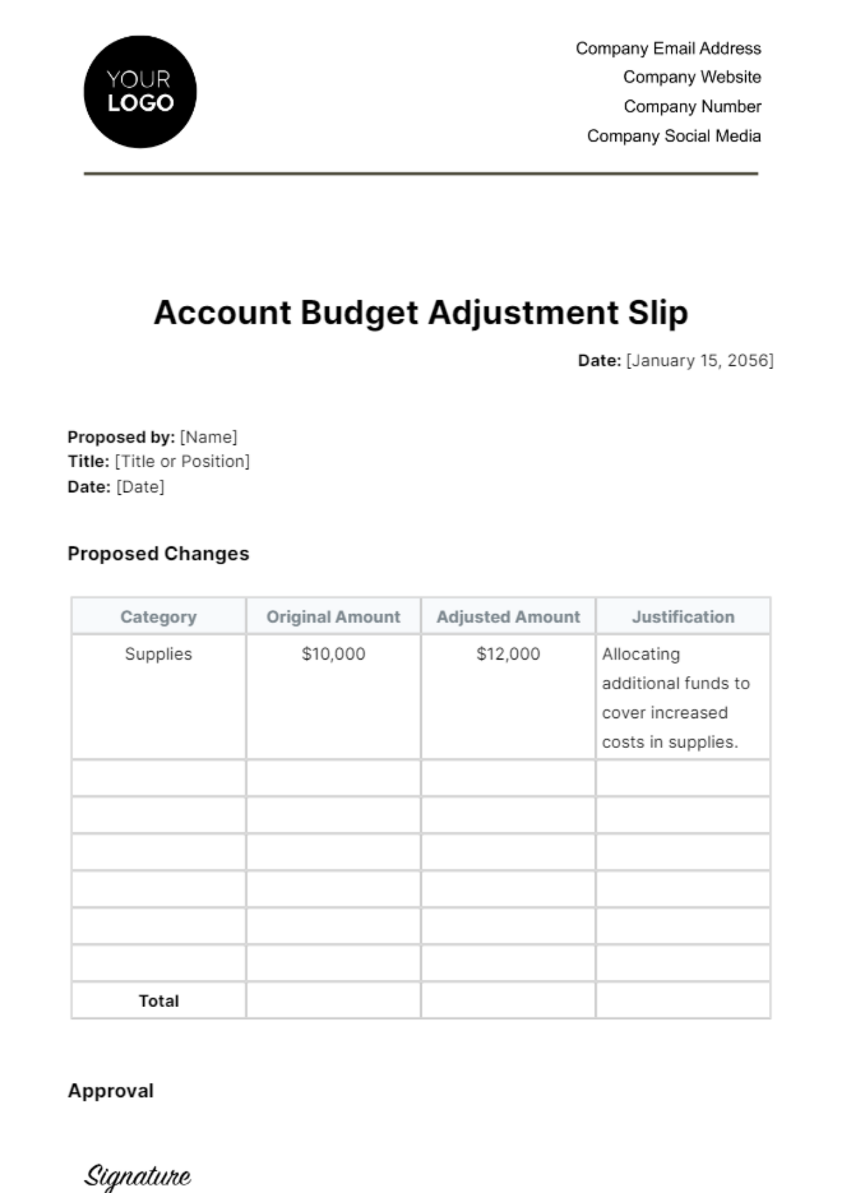 Account Budget Adjustment Slip Template