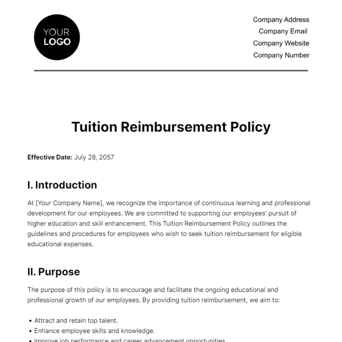 Free Tuition Reimbursement Policy HR Template