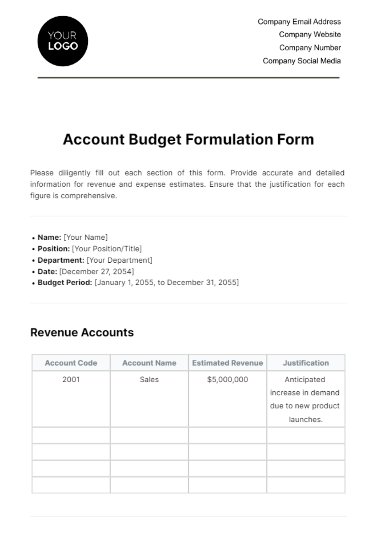 Free Account Budget Formulation Form Template