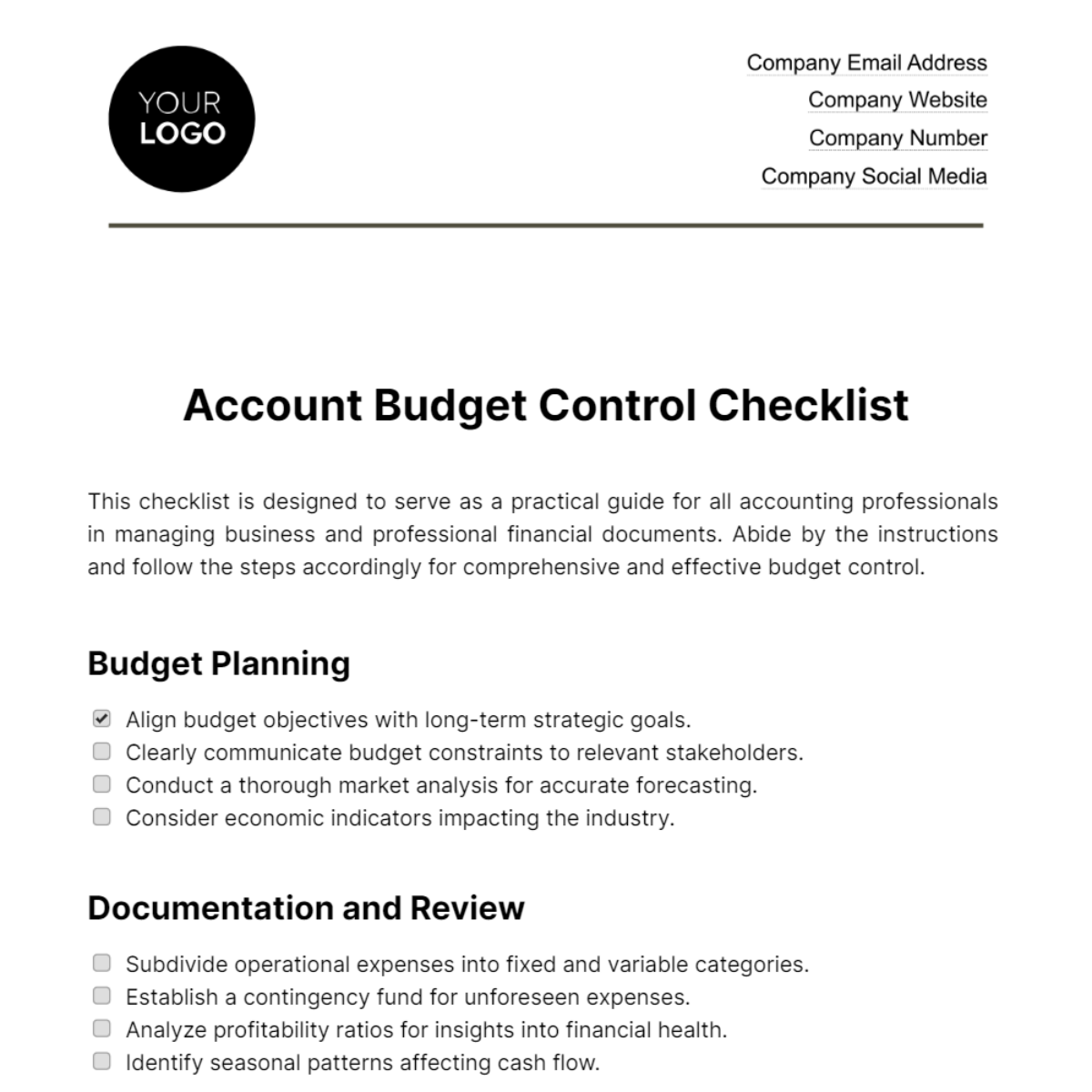 Account Budget Control Checklist Template - Edit Online & Download