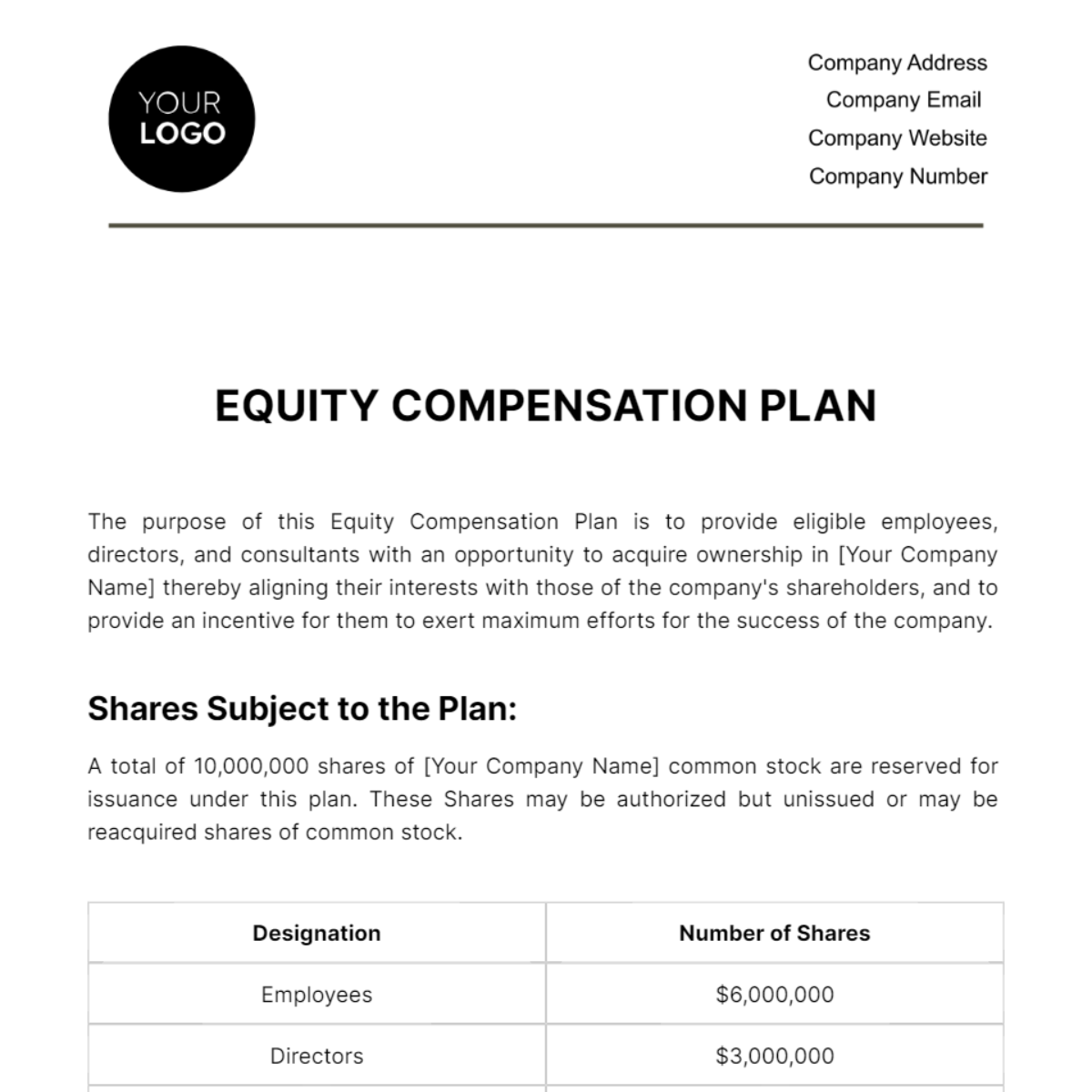 Free Equity Compensation Plan HR Template