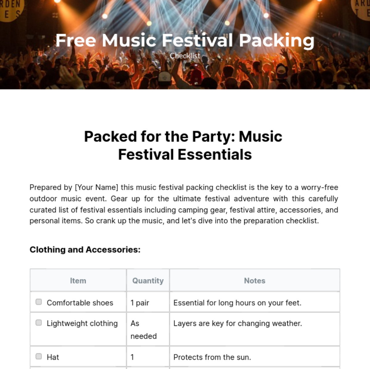 Music Festival Packing Checklist Template - Edit Online & Download