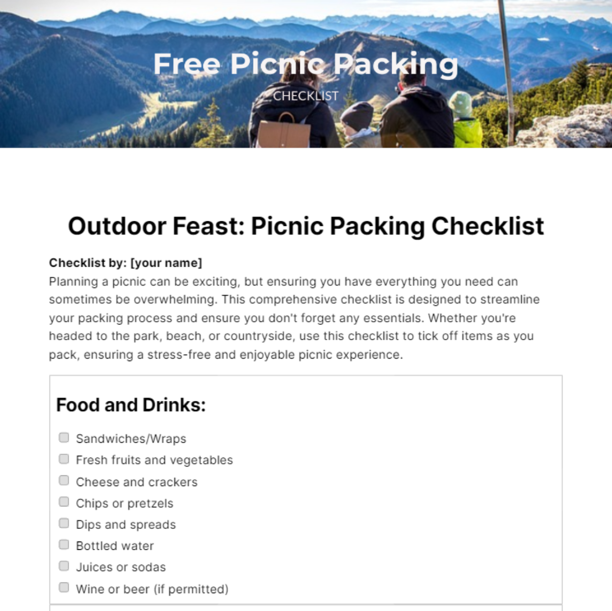 Picnic Packing Checklist Template