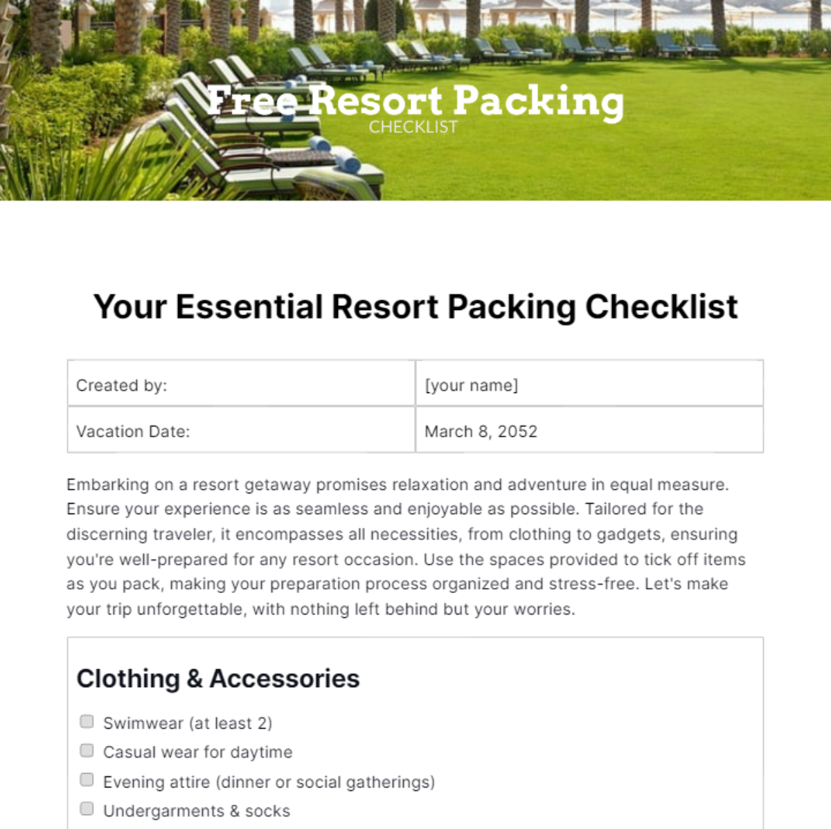 Resort Packing Checklist Template 