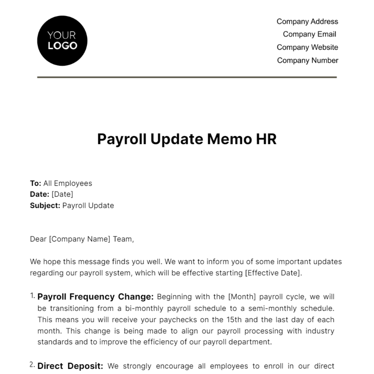 Payroll Update Memo HR Template
