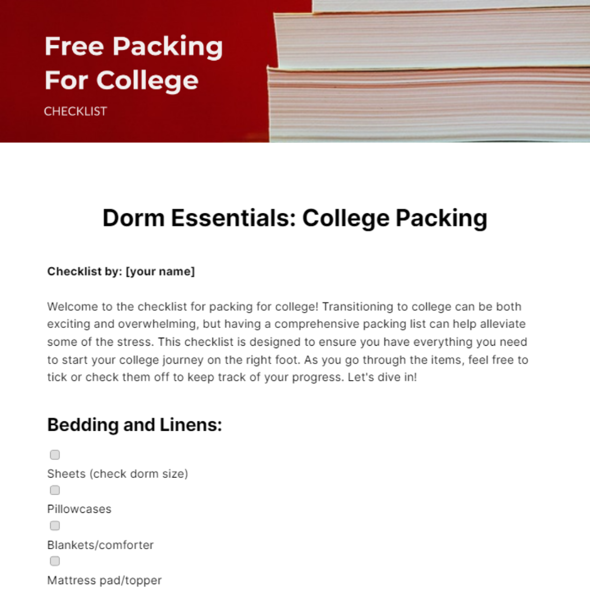 Checklist For Packing For College Template - Edit Online & Download