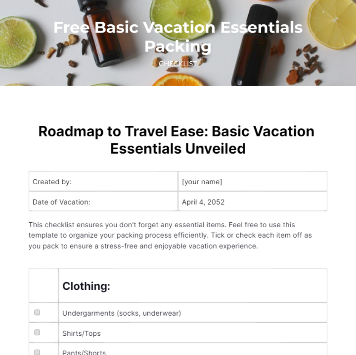 Basic Vacation Essentials Packing Checklist Template