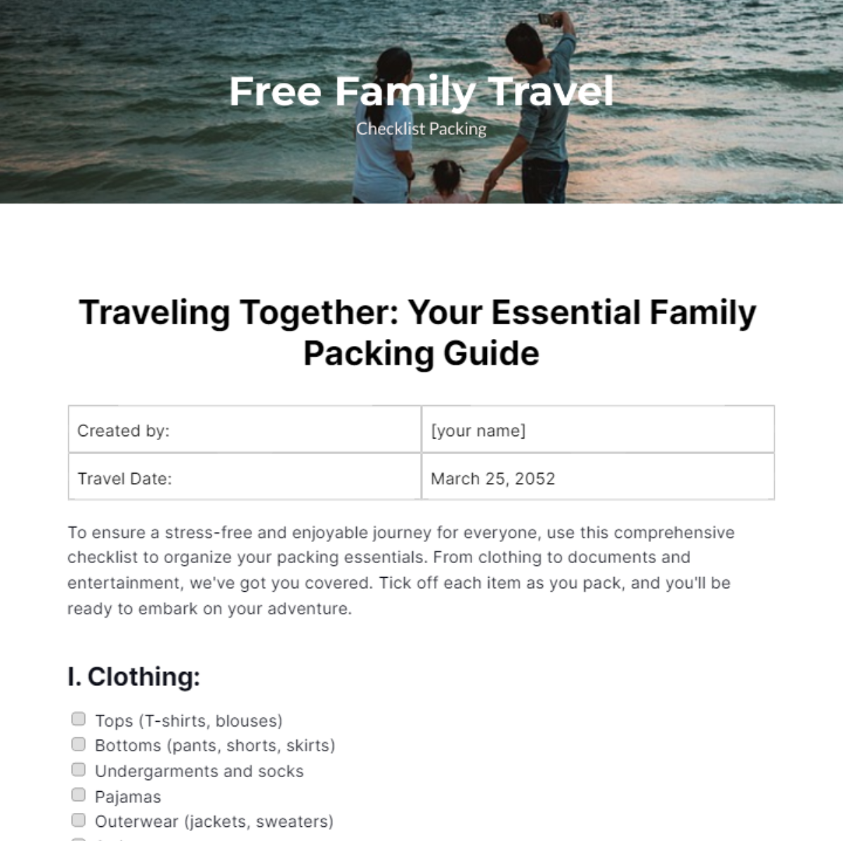 Family Travel Checklist Packing Template
