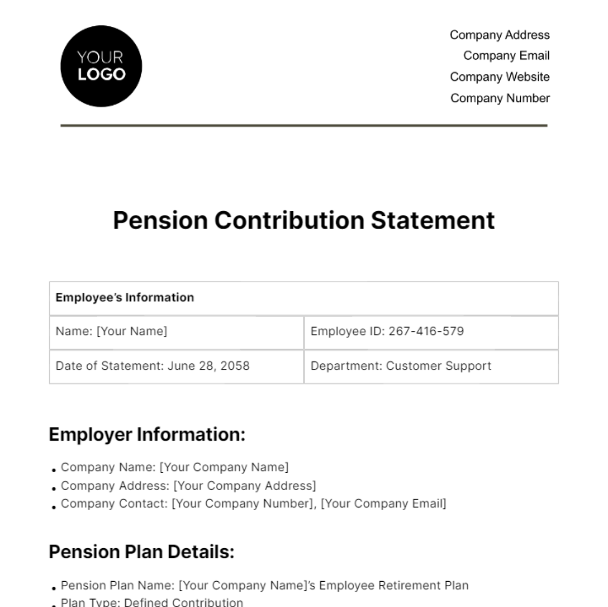 Pension Contribution Statement HR Template