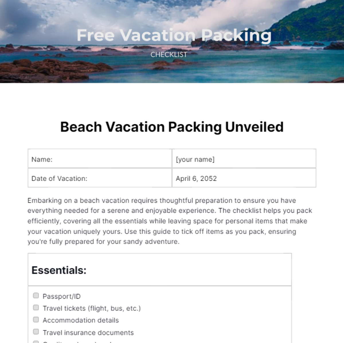 Vacation Packing Checklist For The Beach Template