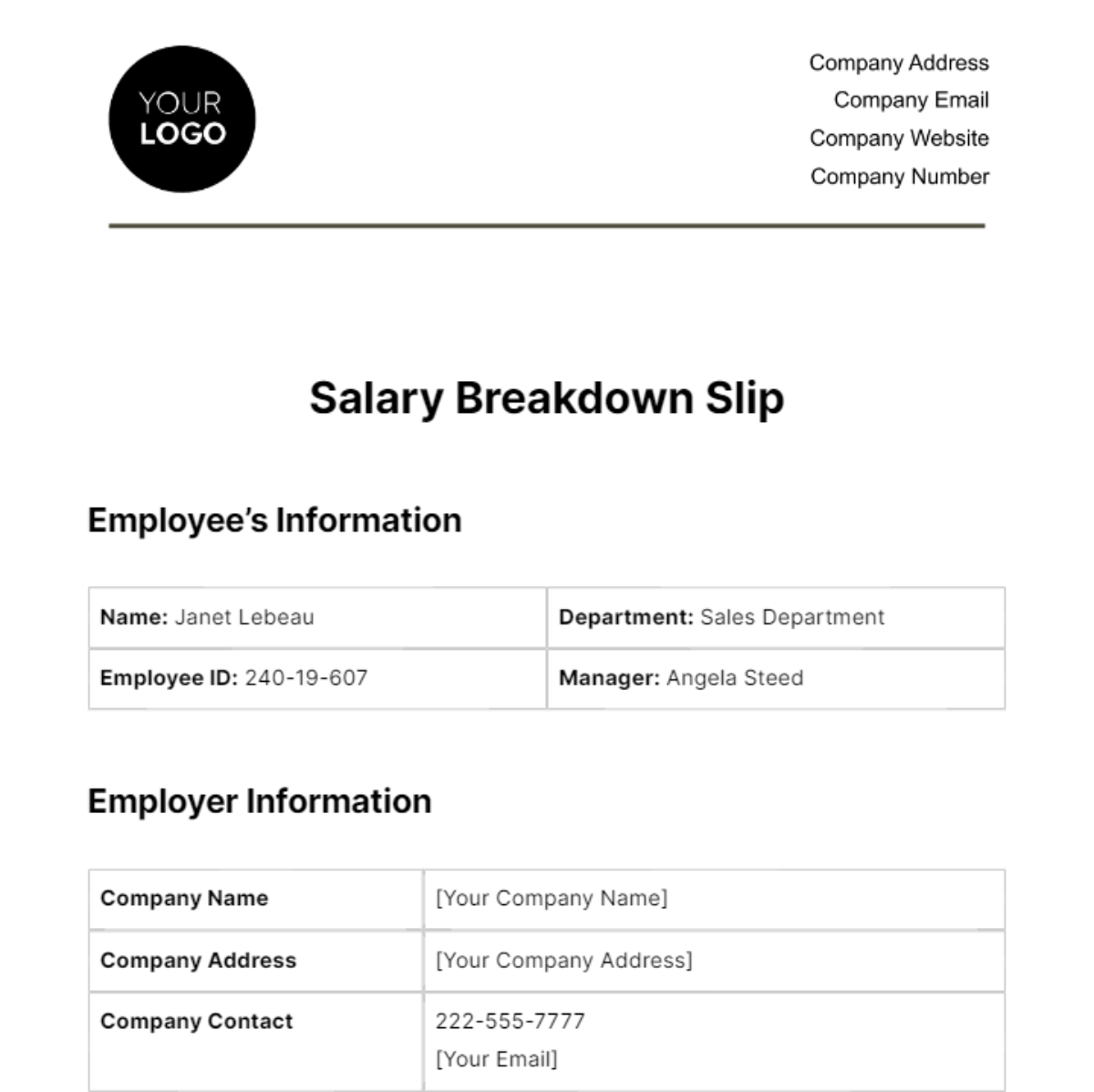 Salary Breakdown Slip HR Template