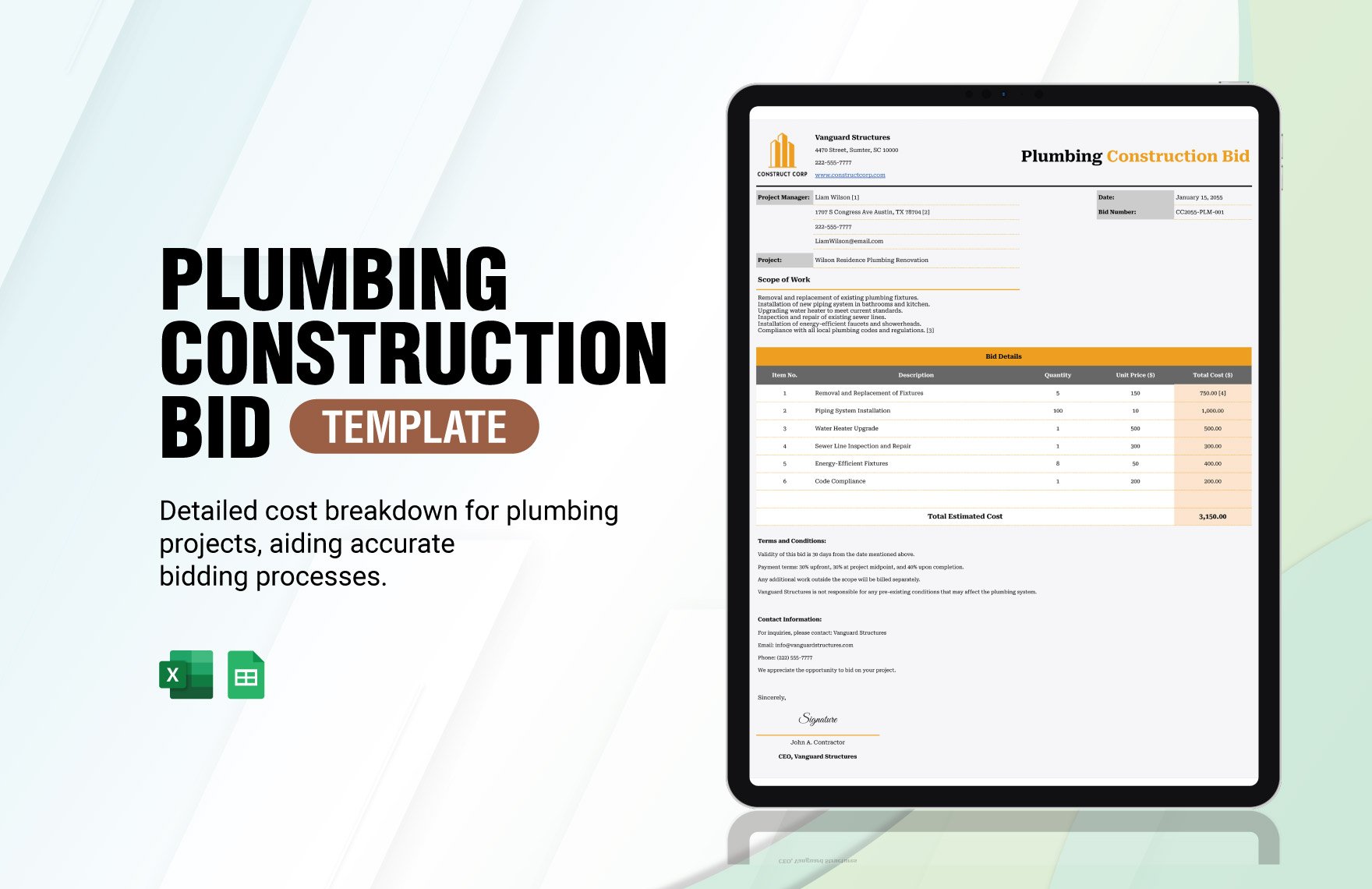Plumbing Construction Bid Template in Excel, Google Sheets