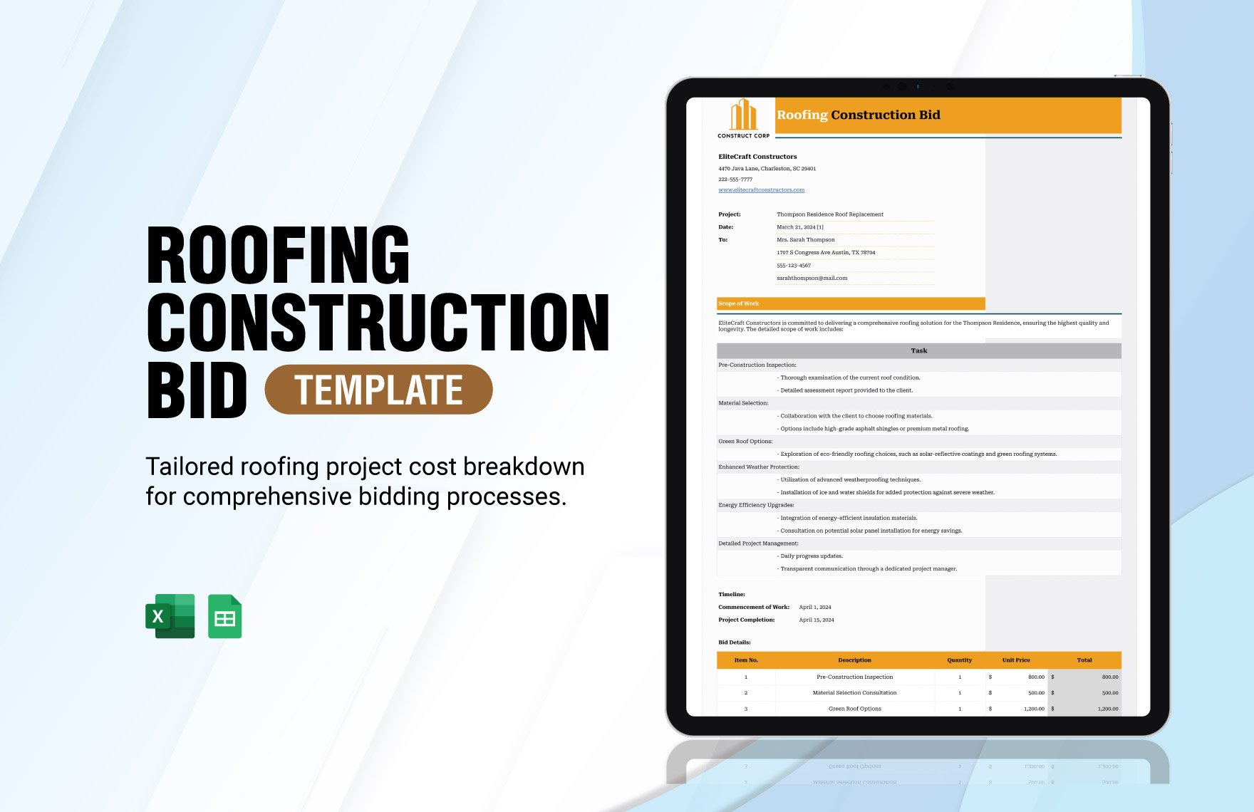 Roofing Construction Bid Template in Excel, Google Sheets
