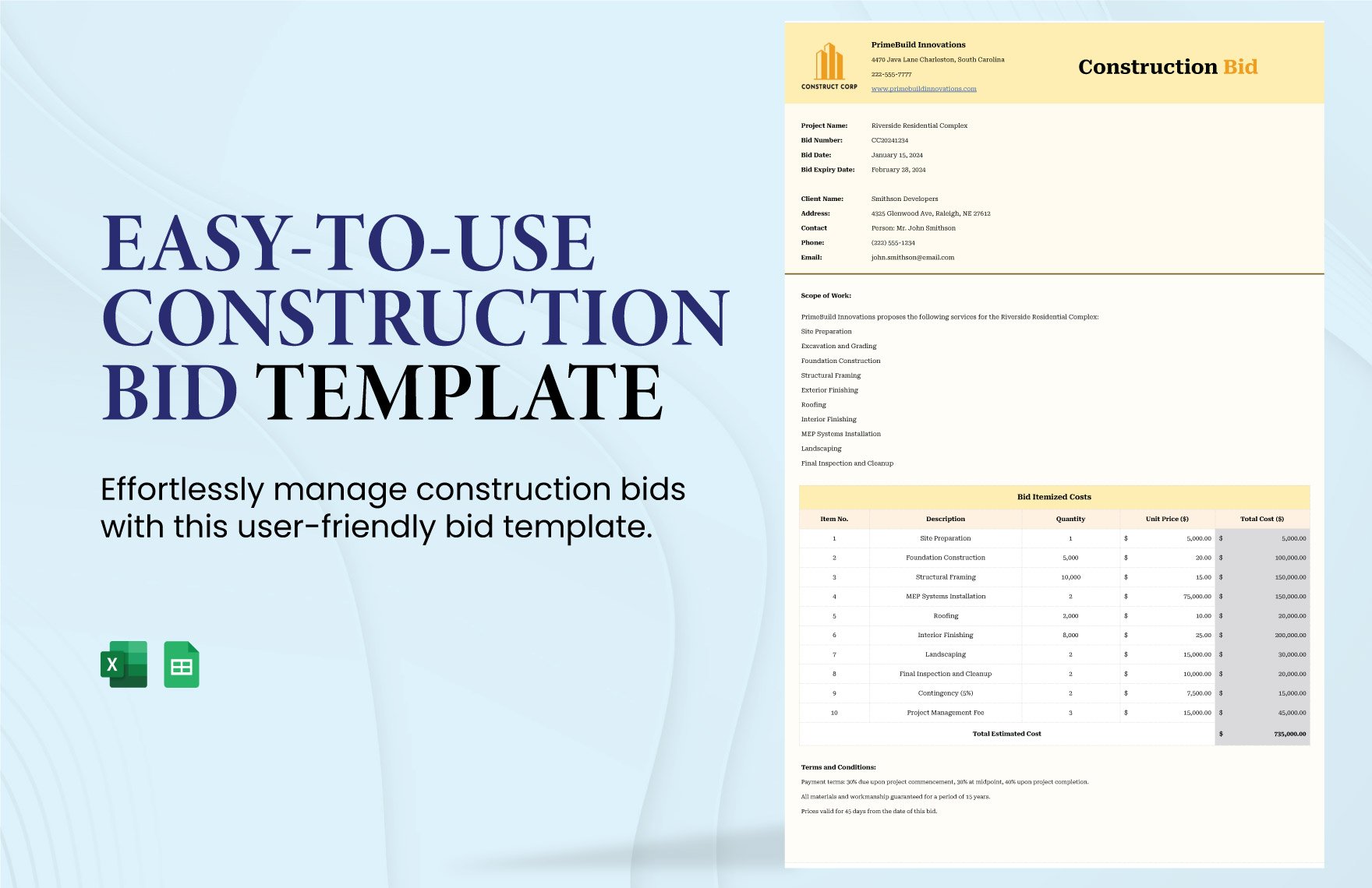 Free Easy-to-Use Construction Bid Template in Excel, Google Sheets