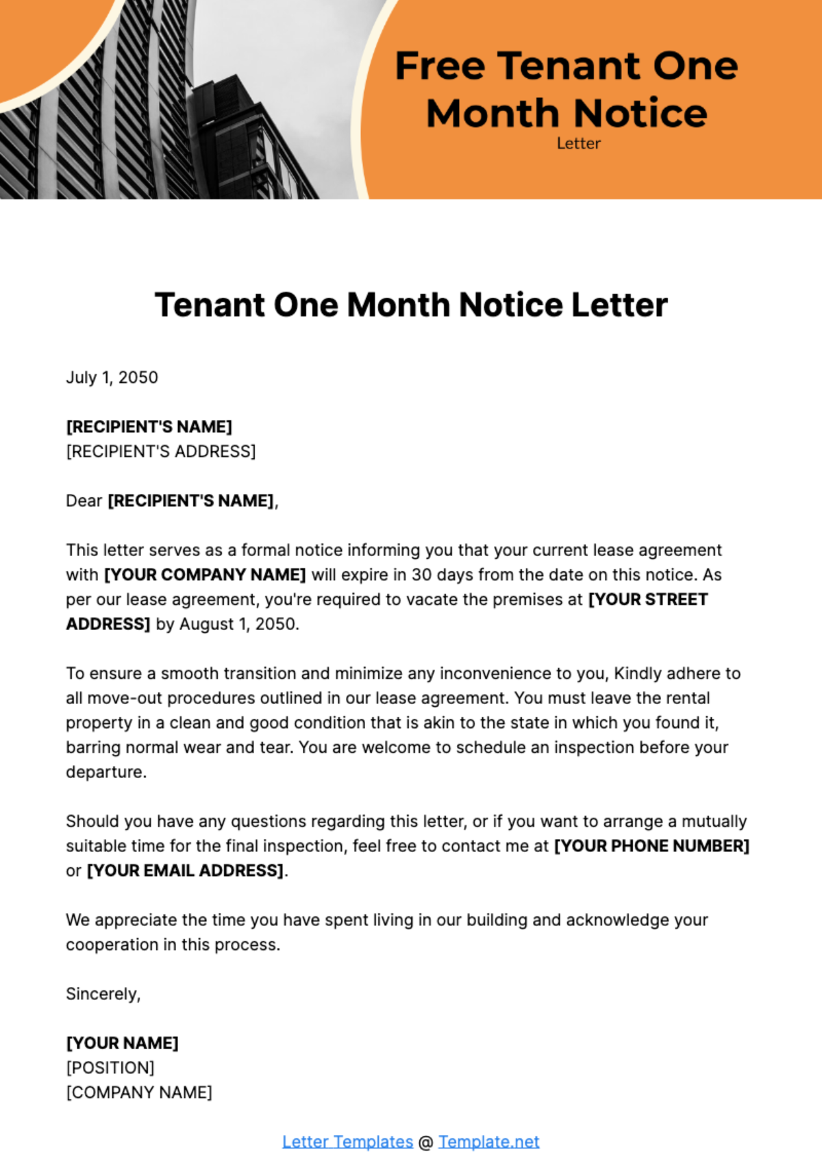 Free Tenant One Month Notice Letter Template