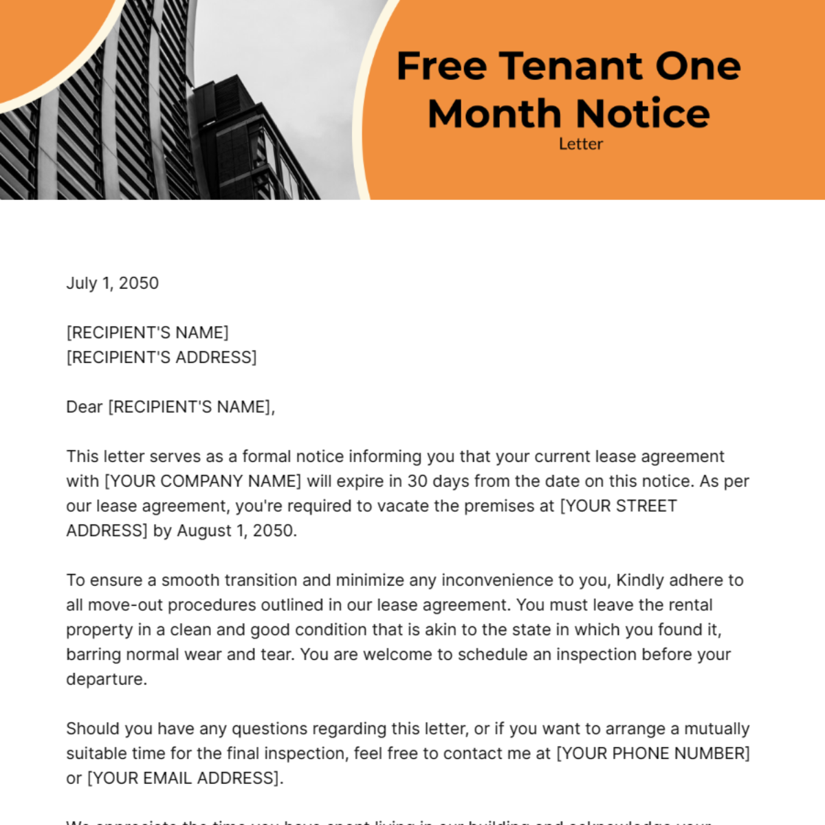 Tenant One Month Notice Letter Template
