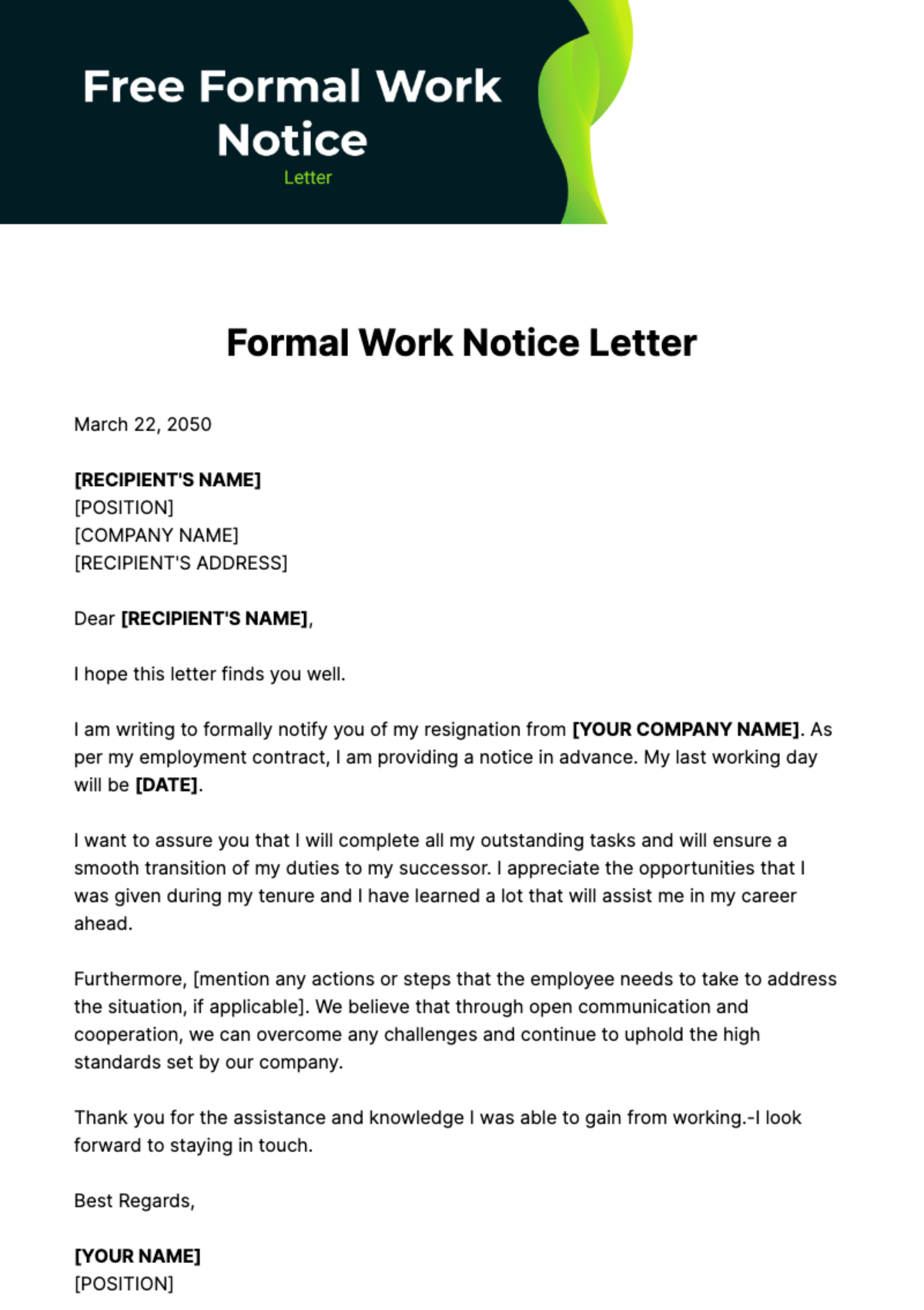 Free Formal Work Notice Letter Template