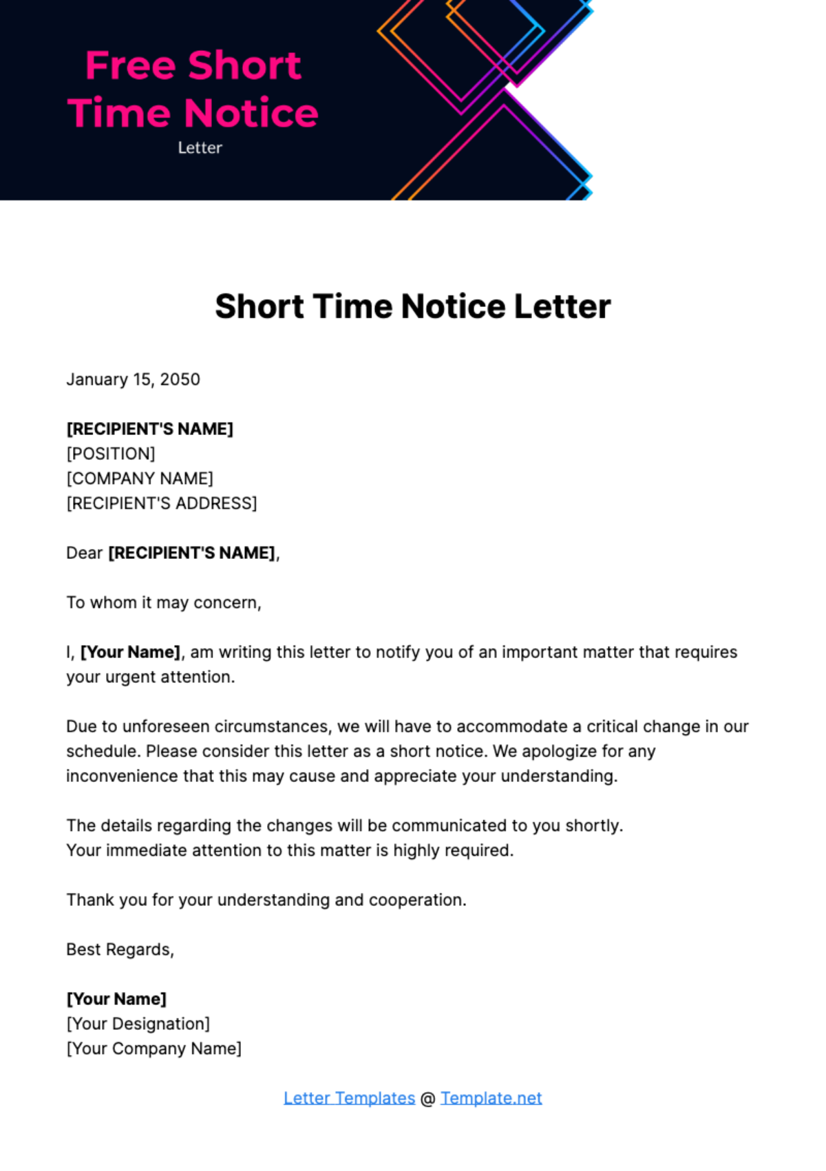 Free Short Time Notice Letter Template