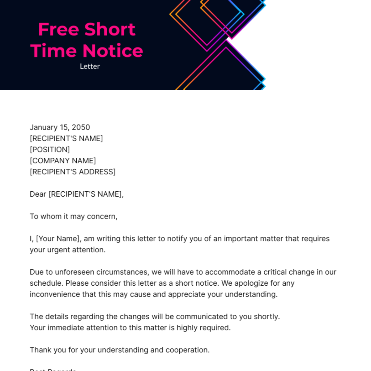 Short Time Notice Letter Template