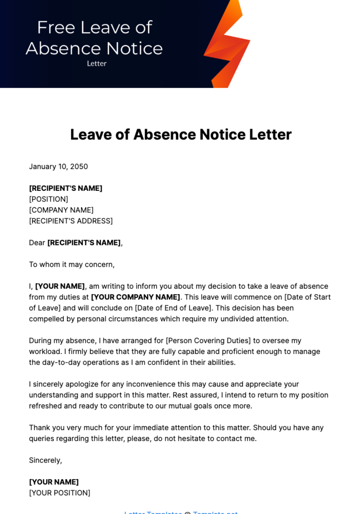 Free Leave of Absence Notice Letter Template